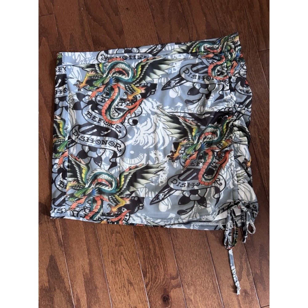 Ed Hardy Gray Multicolor Tattoo-Print Mini Skirt with Side Drawstring